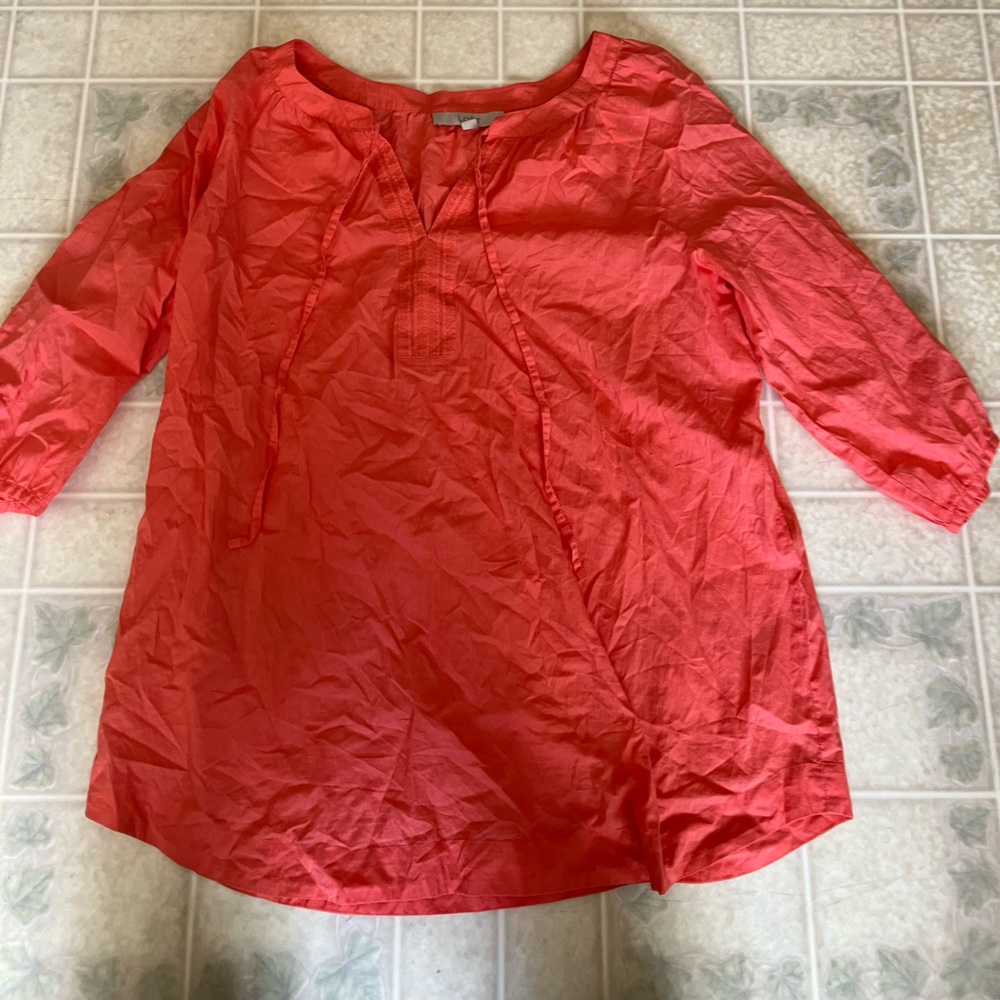 Loft Split Neck Embroidered Placket Orange Cotton… - image 1